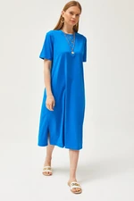 Olalook Women's Saks Blue Oversize Cotton Dress with Side Slits