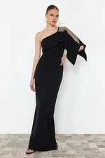 Trendyol Black Body-Fitting Stone Accessory Single Sleeve Woven Long Evening Dress