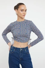 Trendyol Blue Printed Fitted Gather/Drape Detailed Stretchy Knitted Blouse