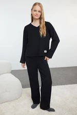 Trendyol Black Slogan Label Detailed Waffle Knitted Pajama Set