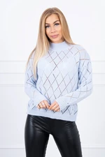 High-neckline sweater with diamond pattern in blue color