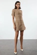 Trendyol Camel Plaid / Checkered Straight Cut Mini Tweed Woven Dress