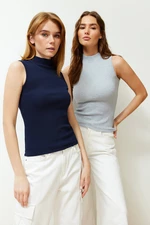 Trendyol Navy Blue-Grey Melange 2-Pack Fitted Ribbed Stretch Knit Blouse