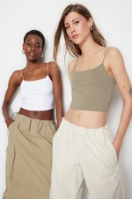 Trendyol Khaki-White 2 Pack Cotton Spaghetti Strap Crop Flexible Knitted Undershirt