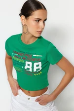 Trendyol Green 100% Cotton Slogan Printed Fitted Crop Knitted T-Shirt