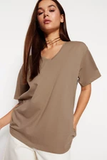 Trendyol Mink 100% Cotton Oversize/Wide Fit V-Neck Knitted T-Shirt