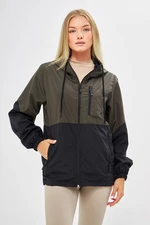 River Club Women's Khaki-Black Two-tone Lined Water And Windproof Hooded Raincoat With Pocket.