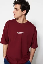 Trendyol Burgundy Oversize/Wide-Fit 100% Cotton Minimal Text Printed T-Shirt