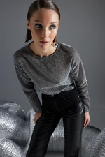 Trendyol Black Lurex Crew Neck Regular/Regular Fit Sheer Tulle Knitted Blouse