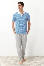 Trendyol Men's Ecru Regular Fit Striped Polo Neck Knitted Pajama Set