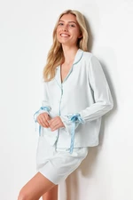 Trendyol Blue Tie/Bow and Piping Detailed Viscose Woven Pajama Set