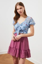 Trendyol Blue Crop Woven Tie-Up Floral Blouse