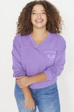 Trendyol Curve Purple V-Neck Printed Thin, Knitted Sweatshirt