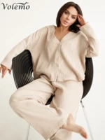 Khaki Pure Cotton Sleepwear V Neck Single Breasted Wide Leg Pants Trouser Suits Drop Sleeves Set Woman 2 Pieces Loungewear