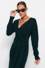 Trendyol Emerald Green Maxi Sweater Soft Textured, Double Breasted Collar Pile Dress