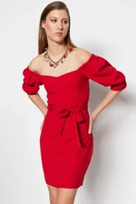 Trendyol Red Belted Mini Woven Carmen Collar Woven Dress