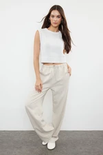 Trendyol Stone Premium Waist Detailed Linen Blended High Waist Wide Leg Trousers