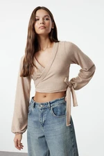 Trendyol Beige Soft Tie Detailed Long Sleeve Knitted Blouse