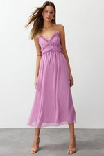 Trendyol Fuchsia Floral Print A-Cut Ruffle Detailed Lined Chiffon Maxi Woven Dress