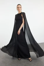 Trendyol Black Shiny Stoned Cape Detailed Woven Long Evening Dress