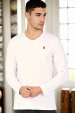 T8587 DEWBERRY V-NECK MEN'S LONG SLEEVE T-SHIRT-WHITE 1