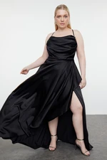 Trendyol Curve Black Draped Straped Slit Maxi Woven Evening Dress/Night/Graduation/Engagement Dress