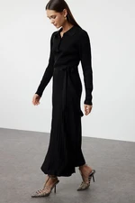 Trendyol Black Belted Polo Neck Ribbed Knitwear Dress