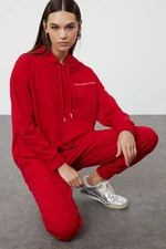 Trendyol Red Hooded Slogan Printed Knitted Tracksuit