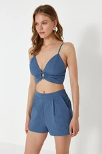 Trendyol Blue Woven Accessory Blouse Shorts Set