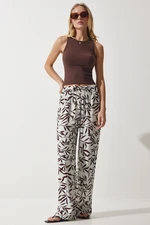 Happiness İstanbul Women's Ecru Brown Patterned Flowing Viscose Palazzo Trousers