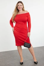 Trendyol Curve Red Carmen Collar Bodycon Midi Length Knitwear Dress