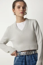 Happiness İstanbul Women's Stone V-Neck Crop Knitwear Sweater