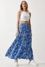 Happiness İstanbul Women's Blue Floral Patterned Flounce Viscose Skirt