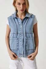 Happiness İstanbul Women's Medium Blue Hooded Wide Pocket Denim Vest