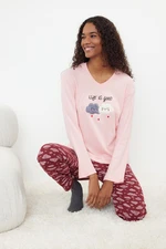 Trendyol Pink-Burgundy Cotton Cloud Patterned Knitted Pajama Set