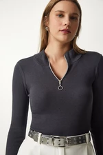 Happiness İstanbul Women's Anthracite Zippered Collar Knitted Blouse