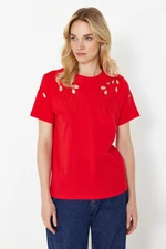 Trendyol Red Brode Embroidered Basic/Regular Pattern Knitted T-Shirt