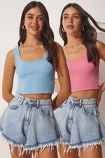 Happiness İstanbul Women's Sky Blue Pink Strappy Crop 2-Pack Knitted Blouse