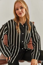 Bianco Lucci Women's Shirt Collar Long Sleeve Striped Cardigan