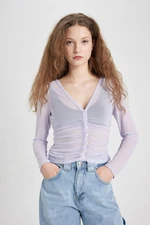 DEFACTO Fitted V-Neck Tulle Long Sleeve Blouse