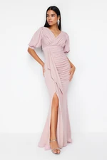 Trendyol Powder Draped Knitted Long Elegant Evening Dress