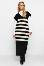 Trendyol Black V Neck Striped Knitwear Sweater Dress