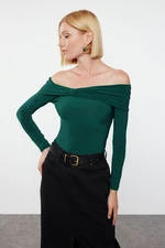 Trendyol Emerald Green Drape Detailed Fitted Long Sleeve Stretchy Knitted Blouse