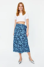 Trendyol Blue Floral Patterned Double Breasted Viscose Fabric Midi Length Woven Skirt