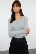 Trendyol Gray Melange Snap Fastener Fitted/Closed Ribbed Stretchy Knitted Blouse