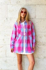 Trend Alaçatı Stili Women's Candy Pink Plaid Patterned Cashmere Cotton Oversize Safari Jacket Shirt