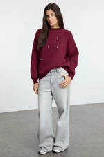 Trendyol Claret Red Stone Detailed Relaxed/Comfortable Pattern Thick Polar Fleece Knitted Sweatshirt