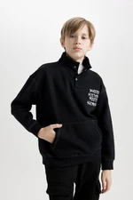 DEFACTO Boy Black Oversize Fit Wide Mold Turtleneck Slogan Printed Sweatshirt