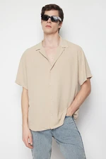 Trendyol Stone Oversize Fit Summer Short Sleeve Linen Look Shirt