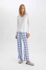 DEFACTO Fall In Love Pajama Set V Neck Long Sleeve Basic Plain Top Plaid Elastic Waist Bottom